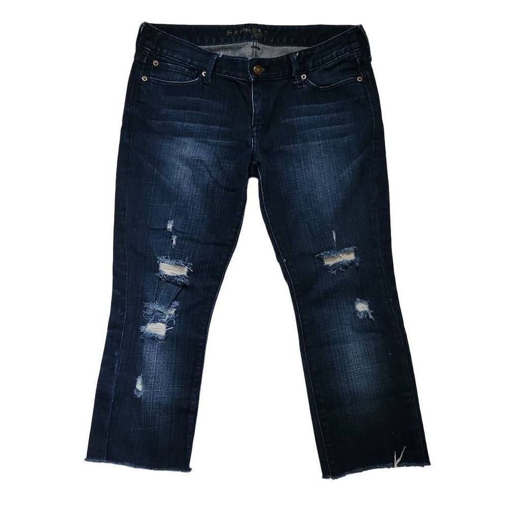 Express Jeans Women's Size 10L Blue Distressed Raw Hem Capri Jeans